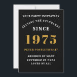 50th Birthday 1975 Black Gold Personalized For Him Invitation<br><div class="desc">For those born in 1975 and celebrating their 50th birthday party we have the ideal birthday invitation card. The black background with a white and gold design is simple and yet elegant. Easily customize the text to the front and the rear of this birthday invitation card using the template provided....</div>