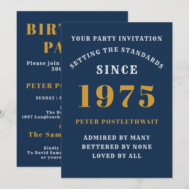 50th Birthday 1975 Blue Gold Personalized For Him Invitation (Front/Back)