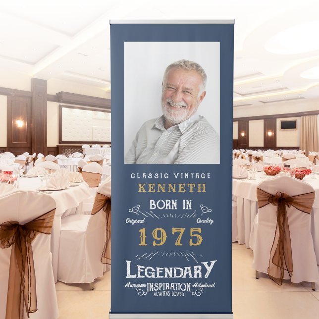 50th Birthday 1975 Legend Blue Gold Name Photo Ret Retractable Banner (50th birthday pull up banner in function room.)