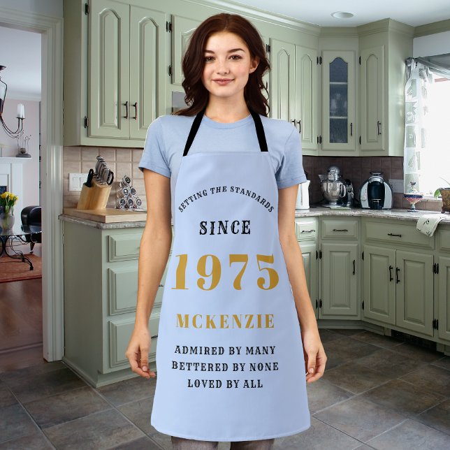 50th Birthday 1975 Name Chic Elegant Blue Apron (Personalized 50th birthday light blue apron.)