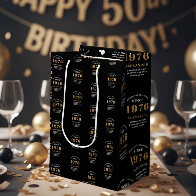 50th Birthday 1976 Black Gold Chic Elegant Medium Gift Bag (Born 1976 birthday gift bag. Background out of focus.)