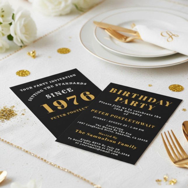 50th Birthday 1976 Black Gold Personalized For Him Invitation (1976 invitation. White background.)