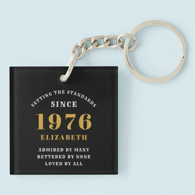 50th Birthday 1976 Black Gold Personalized Keychain (Born 1976 birthday keychain. Pastel background.)