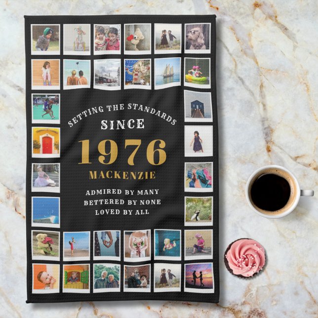 50th Birthday 1976 Family Memories Photo Collage Kitchen Towel (1976 Kitchen towel. Marble background.)