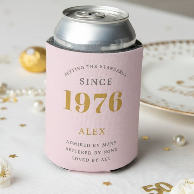 50th Birthday 1976 Keepsake Elegant Personalized Can Cooler (1976 pink can cooler white background)