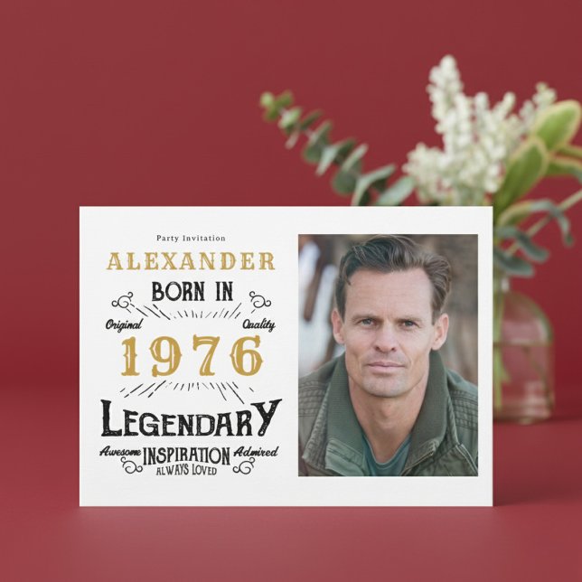 50th Birthday 1976 Legend White & Gold Photo Invitation (Born 1976 birthday invitation.)