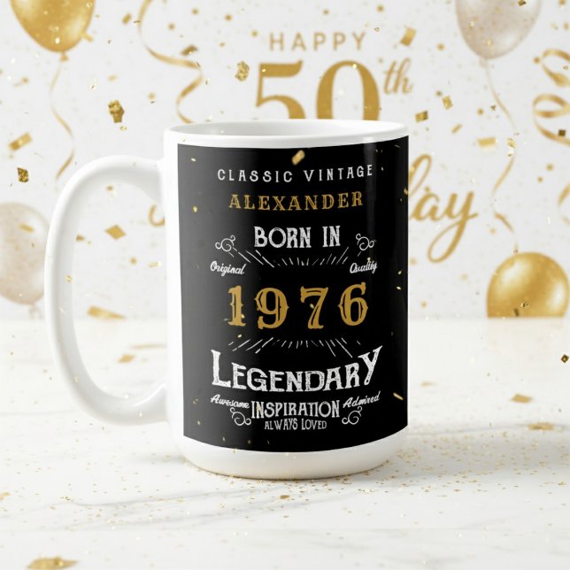 50th Birthday 1976 Legendary Retro Coffee Mug (1976 coffee mug on a white and gold background.)