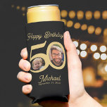 50th birthday 2 photos name gold black seltzer can cooler<br><div class="desc">Trendy funny bold typography script 50th birthday personalized photo and name party supply can cooler. Easy to customize with your text and 2 pictures.</div>