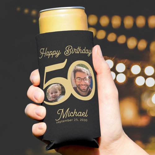 50th birthday 2 photos name gold black seltzer can cooler