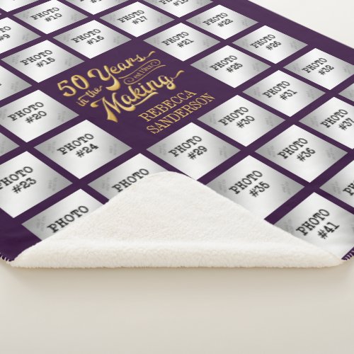 50th Birthday 44 Photo Collage Purple and Gold Sherpa Blanket