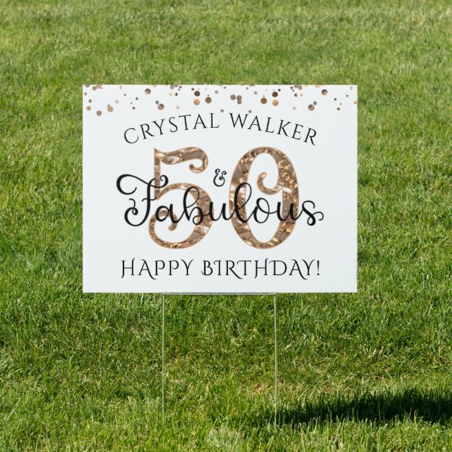 50th Birthday 50 AND FABULOUS Black Gold Confetti Sign (Insitu)