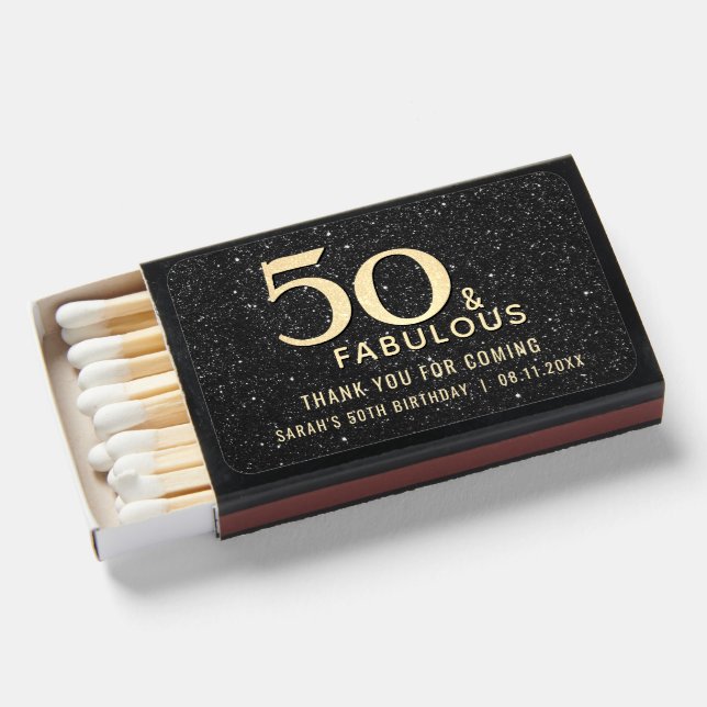 50th Birthday 50 and Fabulous Black Gold Elegant Matchboxes (Front Open)