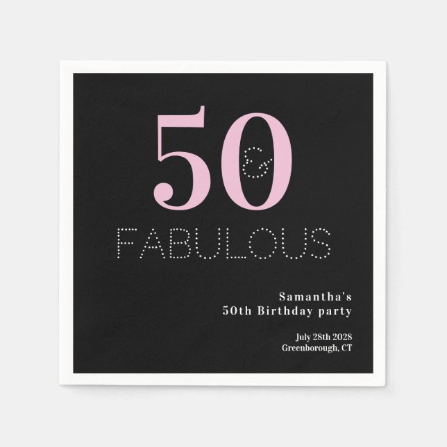 50th Birthday 50 and Fabulous Black Pink Party Napkins (Front)