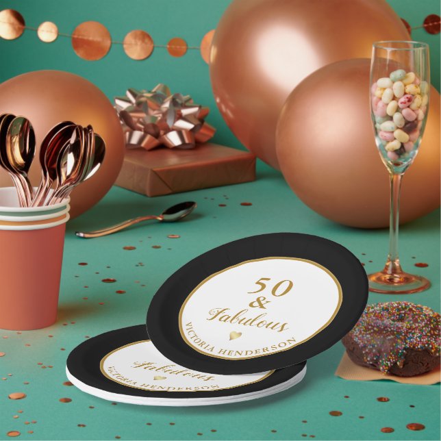 50th Birthday 50 and Fabulous Black White Gold Paper Plates (Multi)