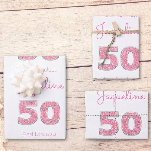 50th Birthday 50 And Fabulous Girly Pink Glitter Wrapping Paper Sheets