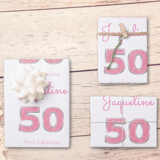 50th Birthday 50 And Fabulous Girly Pink Glitter Wrapping Paper Sheets (Creator Uploaded)