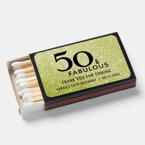 50th Birthday 50 and Fabulous Gold Black Glitter Matchboxes