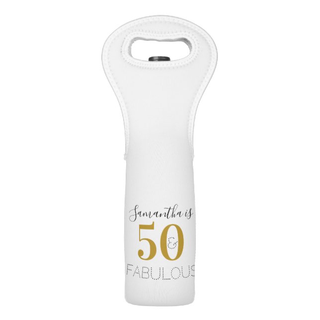 50th Birthday 50 and Fabulous Gold White Birthday Wine Bag (Front)