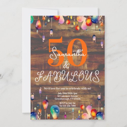 50th Birthday 50 and Fabulous Lights Rustic Invitation