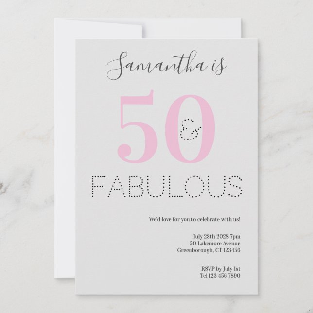 50th Birthday 50 and Fabulous Pink Gray Party Invitation (Front)