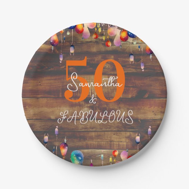 50th Birthday 50 and Fabulous Rustic Lights Party Paper Plates (Front)