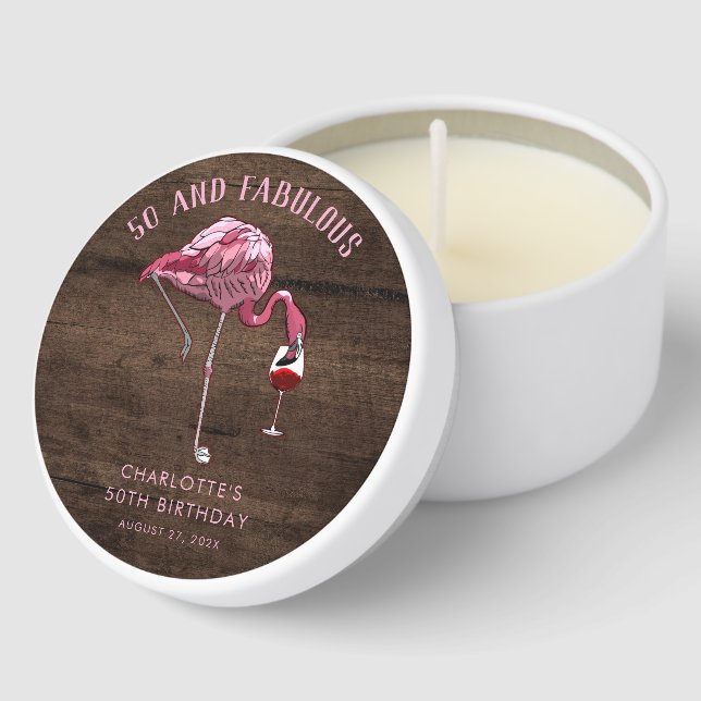 50th Birthday 50 and Fabulous Wood Look Custom Mini Candle Favors (Corner)