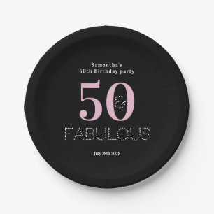 50th Birthday 50 Fabulous Black Pink Party Paper Plates