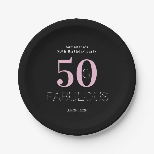 50th Birthday 50 Fabulous Black Pink Party Paper Plates (Front)
