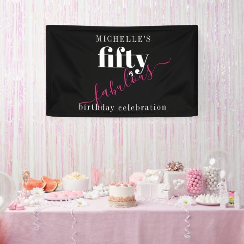 50th Birthday 50  Fabulous Black  Pink Script Banner