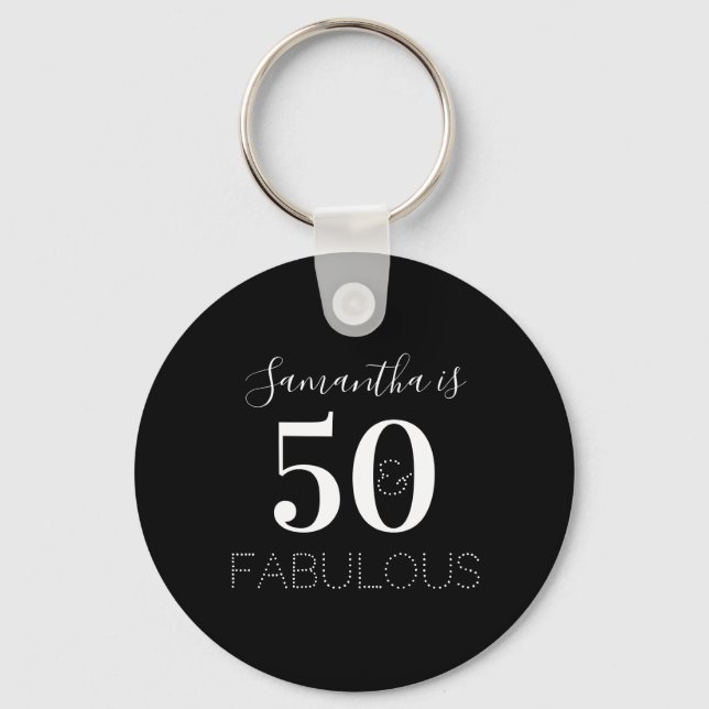 50th Birthday 50 Fabulous Black White Party Favor Keychain (Front)