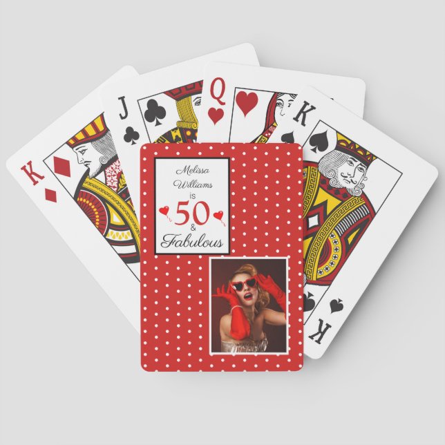 50th Birthday 50 & Fabulous Custom Red White Dots Poker Cards (Back)