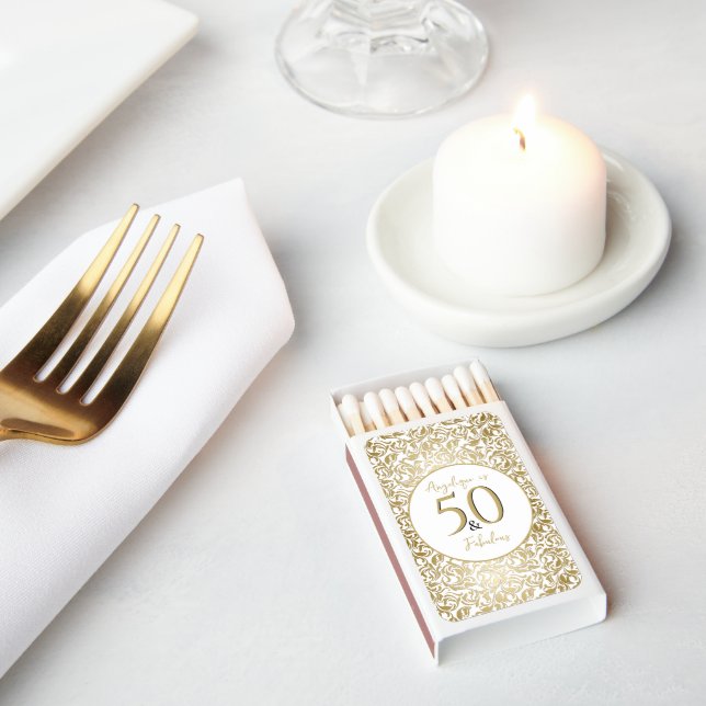50th Birthday 50 & Fabulous Favors Golden Floral Matchboxes (Insitu)