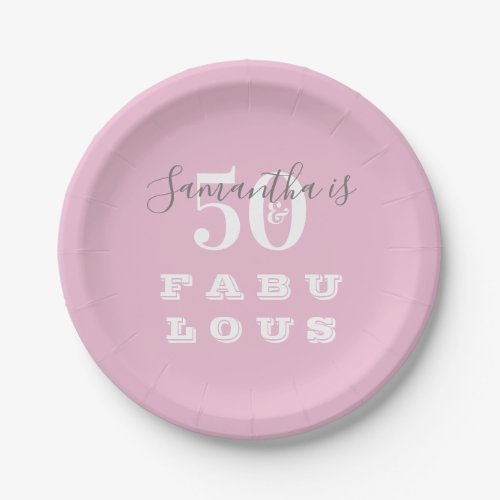 50th Birthday 50 fabulous Pink Gray Party Paper Plates