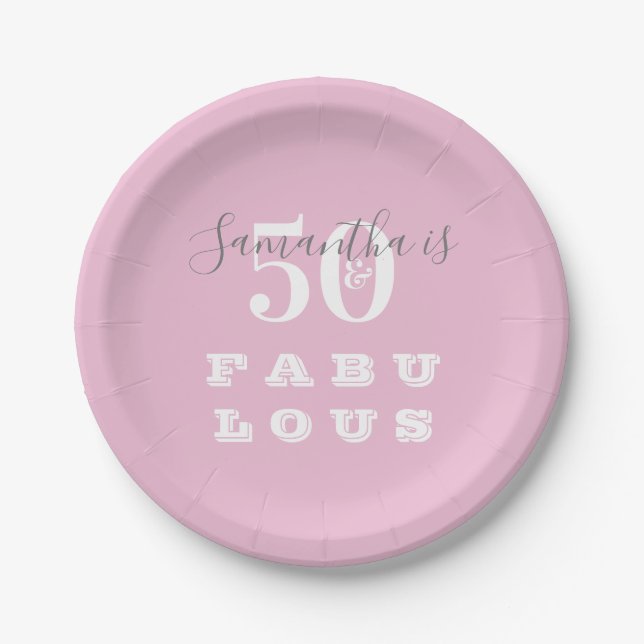 50th Birthday 50 fabulous Pink Gray Party Paper Plates (Front)