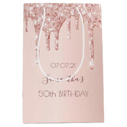 50th birthday 50 rose gold glitter drips name medium gift bag | Zazzle