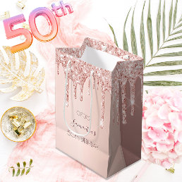 50th birthday 50 rose gold glitter drips name medium gift bag