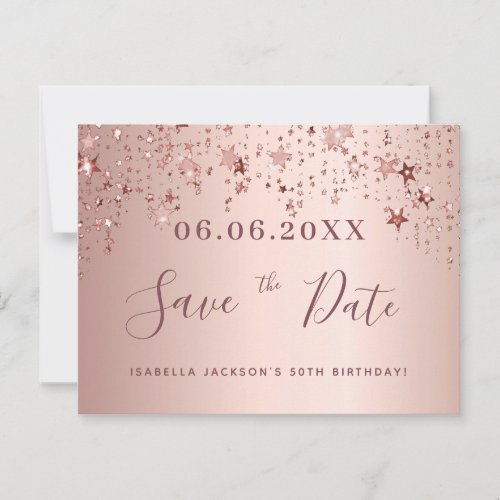 50th birthday 50 rose gold stars save the date postcard
