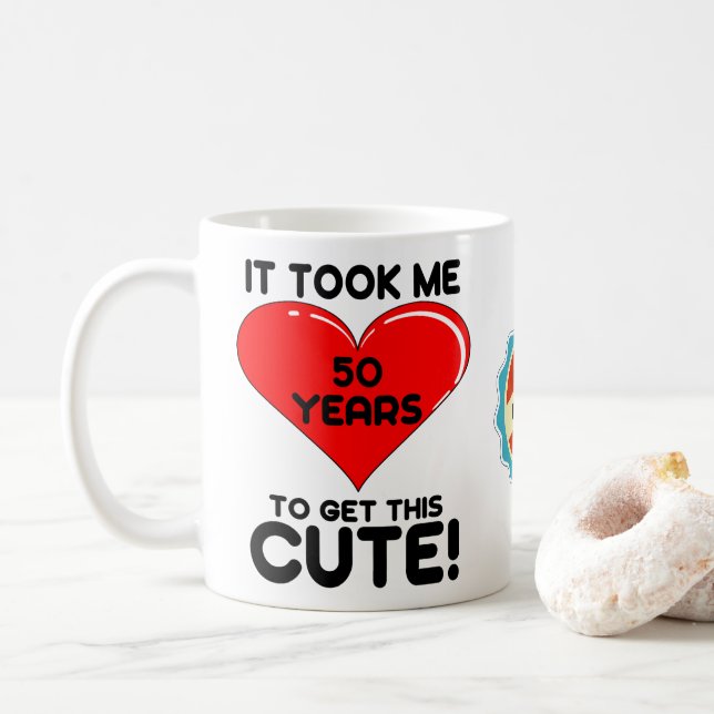 50th Birthday 50 Year Old Personalized Cute Heart Coffee Mug (With Donut)