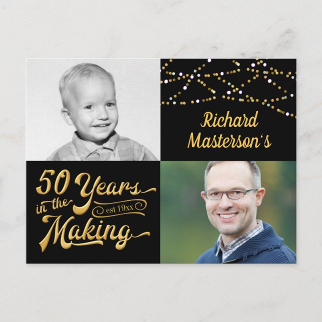 50th Birthday 50 YEARS IN THE MAKING (Then & Now) Invitation Postcard (Front)