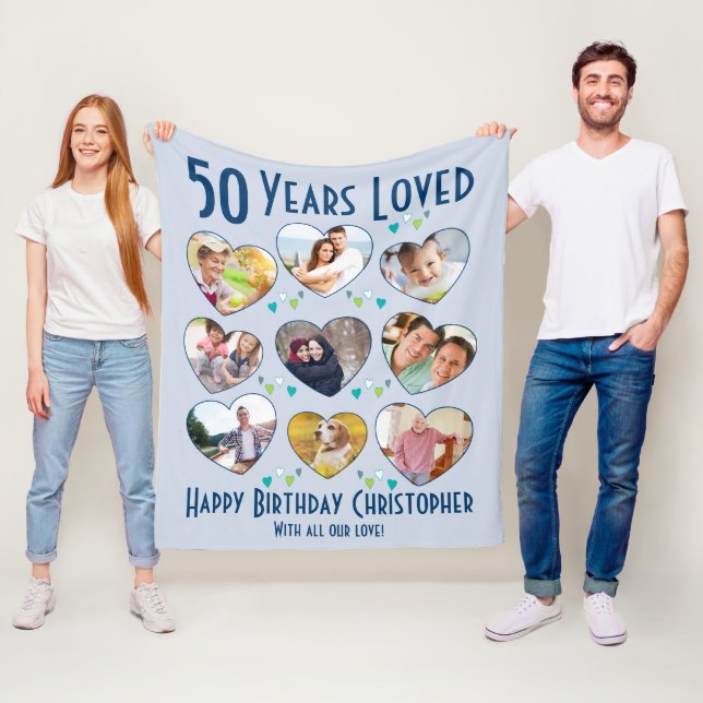 50th Birthday 50 Years Loved Photo Collage Fleece Blanket (In Situ)