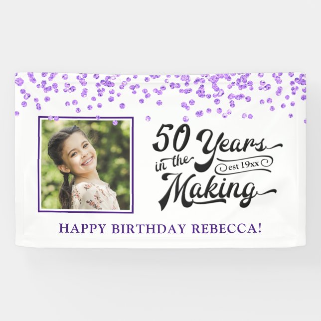 50th Birthday 50 YEARS Photo Purple Confetti Banner (Horizontal)