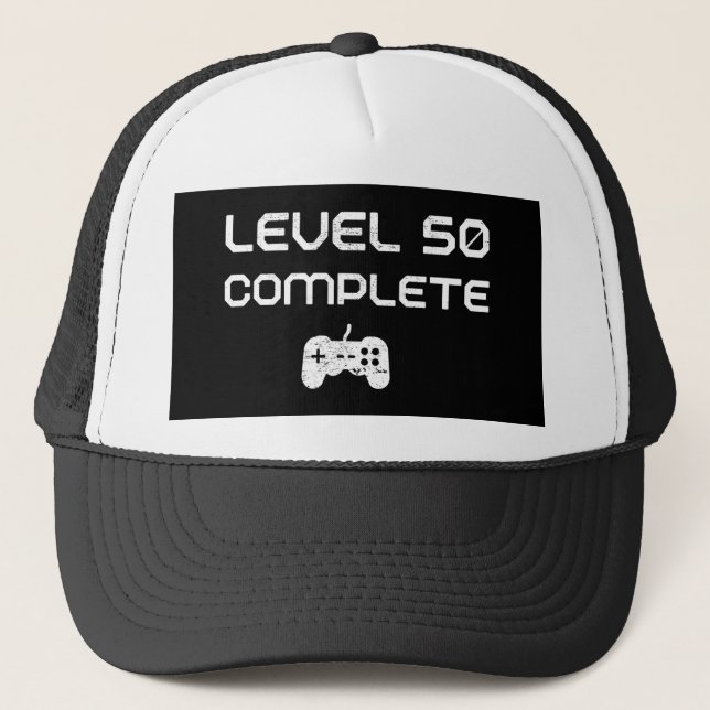 50th Birthday / 50th Anniversary Level 50 Complete Trucker Hat (Front)