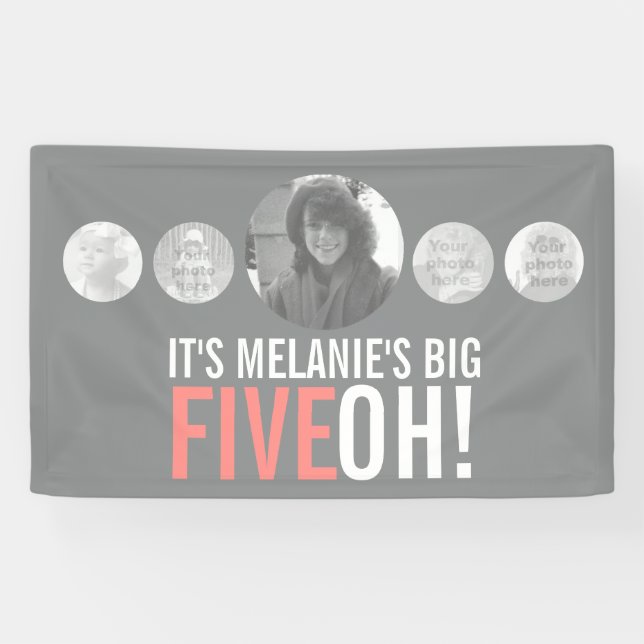 50th birthday 5 custom photos gray coral banner (Horizontal)