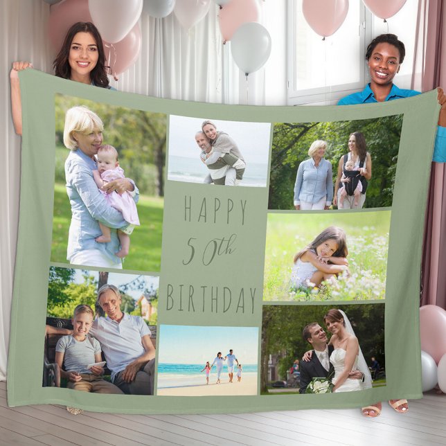 50th Birthday 7 Photo Collage Sage Green Fleece Blanket (Creator Uploaded)