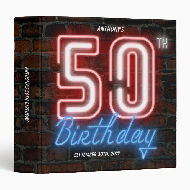 50th Birthday 80s Retro Neon Sign Rustic Custom 3 Ring Binder (Front/Spine)