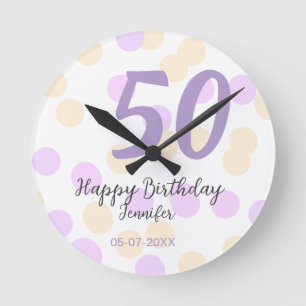 50th birthday add name date purple orange polkadot round clock
