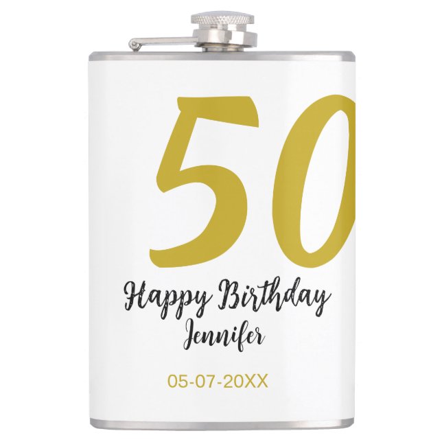 50th birthday add name date year black template go flask (Front)