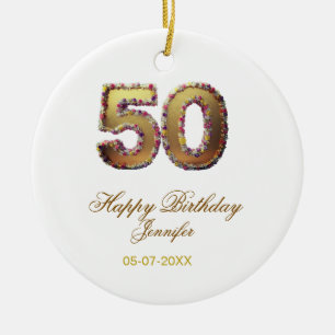 50th birthday add name date year gold floral bold ceramic ornament