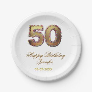 50th birthday add name date year gold floral bold paper plates