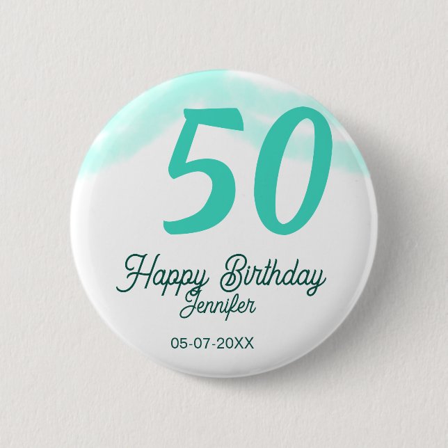 50th birthday add name date year green pastel bold button (Front)